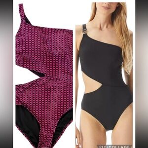 Michael Kors One Shoulder Cut-Out Pink/Black Chain Print Swimsuit Size 12